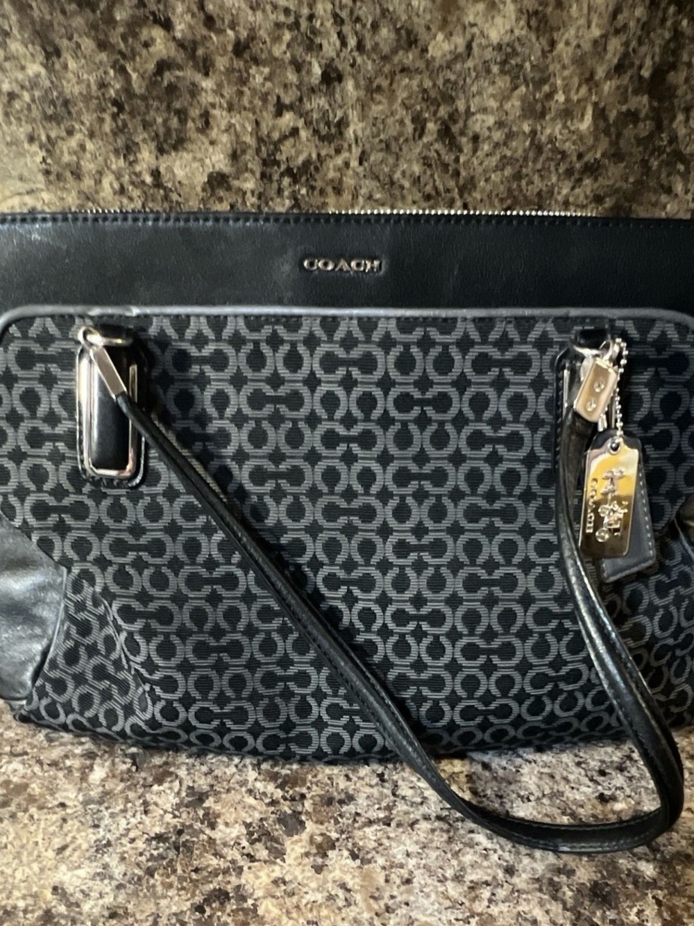 Coach Black and Gray Signature Canvas Tote with Silver Hardware